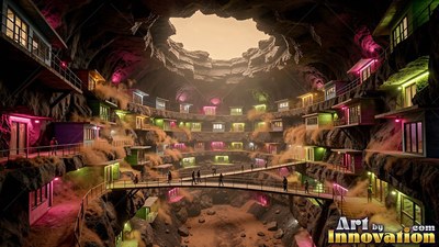 Crossing footbridges, figures walk between multi-level cabins built inside a cavern crater