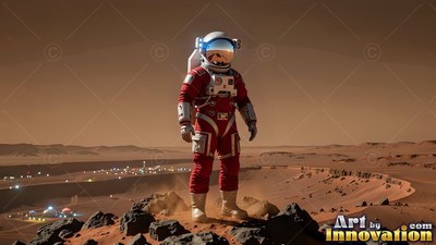 An astronaut in a red spacesuit stands above a Mars base crater