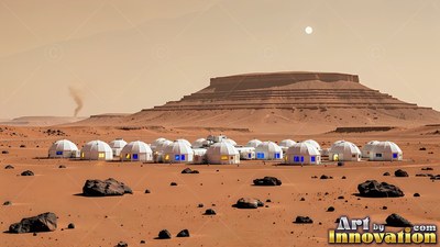 Bright lit windows line white domes across red sand below a flat mesa on Mars base