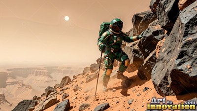 An astronaut in a green spacesuit climbs a rocky ridge under a pale sun and peach sky