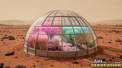 Seen straight on, a glass greenhouse dome stands on the red dirt of Mars