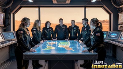 Astronauts in black suits stand around a blue map table by a Mars window