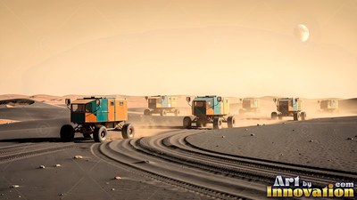 On a dusty desert plain, a convoy of boxy rovers drives under a pale sky