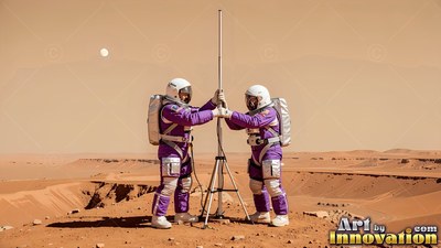 Erecting an antenna pole, two astronauts in purple spacesuits stand on a dusty red ridge
