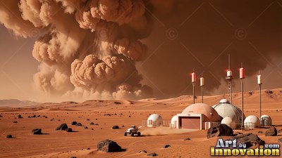 A Mars outpost with domes beside a rising dust storm cloud