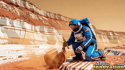 Wearing a bright blue spacesuit, an astronaut chips at rocks below striped cliffs