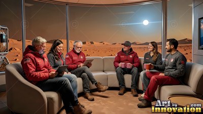 A crew in red jackets sits talking on a sofa before windows lit by a bright sun over rust plains