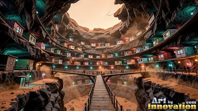 Standing on wooden bridges inside a circular crater city on Mars