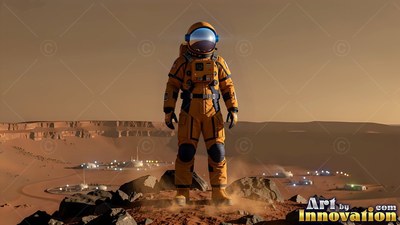 An astronaut in an orange spacesuit stands on rocks above a distant Mars outpost