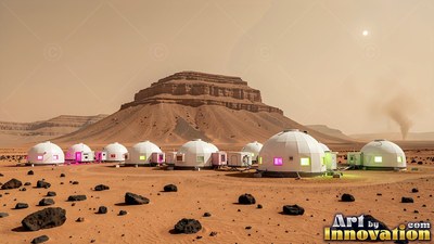 On a red Martian desert, white habitat domes sit below a flat mesa