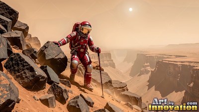 Hiking down a rocky ridge, an astronaut in a red spacesuit explores a deep canyon