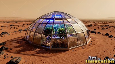 A glass greenhouse dome with green trees on red Mars soil