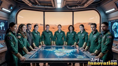 Dressed in green flight suits, an astronaut crew stands by a digital table inside a Mars base room