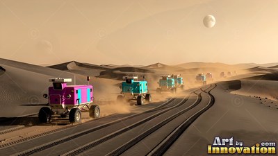 A line of boxy rovers drives across desert dunes under a pale butterscotch sky
