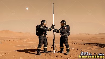 Standing side by side on Mars, two astronauts hold a tall pole in the red sand