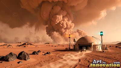 A rover drives toward a dome shelter on red sand under a giant dust storm cloud