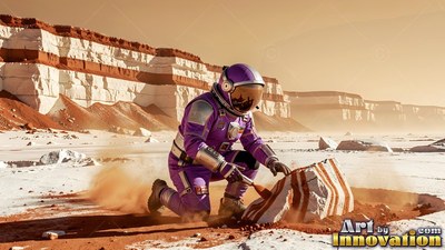 On a dusty red plain, an astronaut in a purple suit brushes dirt from a striped rock