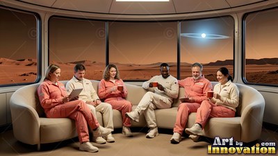 Relaxing on a curved couch, crew members in jumpsuits chat before a wide Mars window