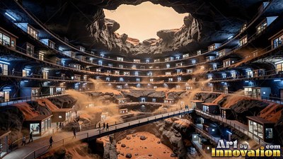 Colony buildings tiered inside a round crater beneath a pale sky