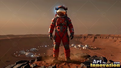 A golden helmet visor tops an astronaut standing above white crater domes on Mars