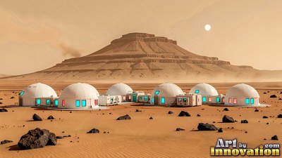 White habitat domes sit on a dusty red plain under a pale sun and butterscotch sky