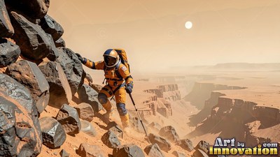 Climbing a rocky ridge, an astronaut in an orange suit hikes above a dusty canyon