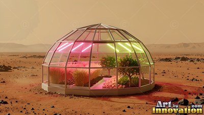 A glass dome greenhouse sits on red Mars sand with crops under neon lights inside