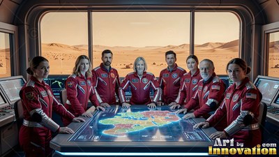 Inside a Mars base, astronauts in red flight suits gather at a map table