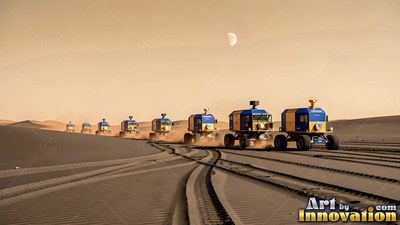 Driving across red dunes, a convoy of blue rovers leaves tire tracks under a hazy sky