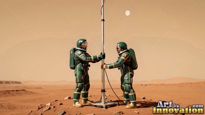 Two astronauts in green suits set up a tall pole on red Mars dirt
