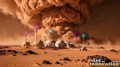 Rounded domes with bright beacon towers sit on a red plain before a dust cloud