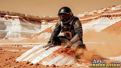 An astronaut kneels to scrape a white rock, kicking up red dust in the harsh sun
