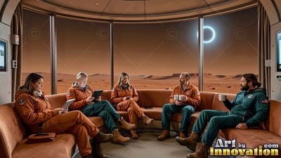 Sitting on a curved sofa, five astronauts talk before a large Mars window