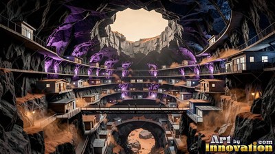 A city built inside a dark cavern with purple lights and small cabins on round terraces