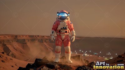 On a rocky red Martian ridge, an astronaut stands in a pink spacesuit