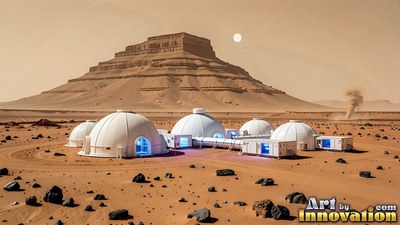 Sitting on red dirt, white habitat domes cluster before a flat-topped mountain