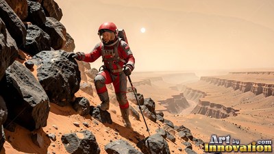 An astronaut in a red spacesuit hikes down a rocky Martian slope
