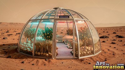 Curved glass panels enclose a greenhouse dome full of plants on a dry red desert plain