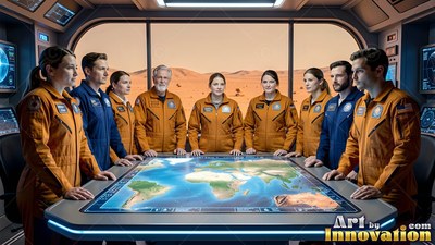 An astronaut crew gathers around an Earth map table under dusty orange daylight