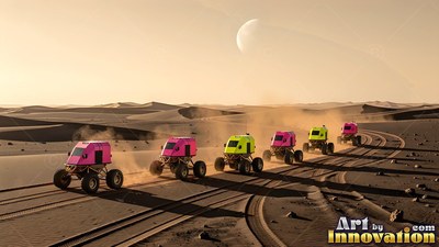 Angled in a line across desert sands, pink and yellow rovers kick up dust