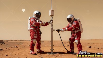 Two astronauts in red spacesuits set up an antenna on a dusty Mars plain