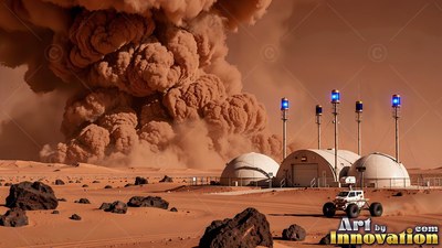 On a red desert, a rover drives near base domes as a dust storm approaches
