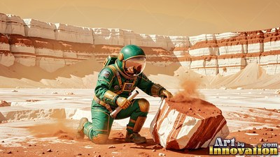 Kneeling on red sand, an astronaut in a green suit examines a striped rock