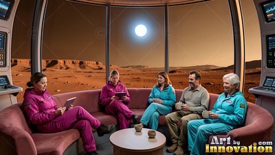 Five people sit on a curved couch facing a Mars landscape through windows