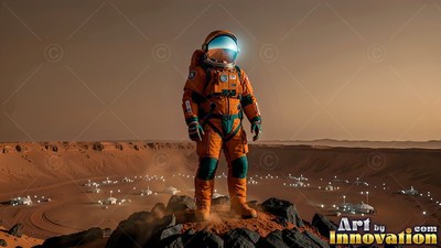 An astronaut in an orange suit stands above a crater base under a pale butterscotch sky