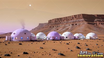 Spread in a row across red sand, white domes sit below a rocky cliff