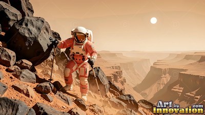 An astronaut hikes down a rocky Martian ridge above a canyon under a pale sun