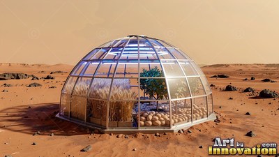 On a red desert plain, a glass greenhouse dome holds growing crops and small trees