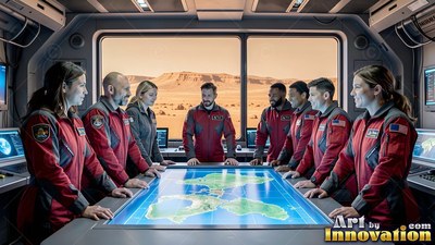 Gathered around a glowing blue map table, an astronaut crew in red uniforms confers inside a Mars base room