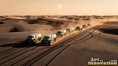 A line of blue rovers drives across dark sand dunes under a pale moon